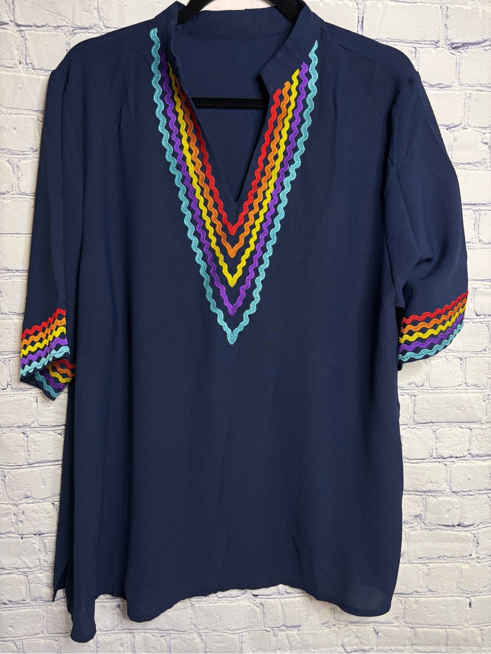 Boutique Navy Blue Rick Rack Deep V Neck Boho Artsy Cottagecore Tunic Blouse 2XL